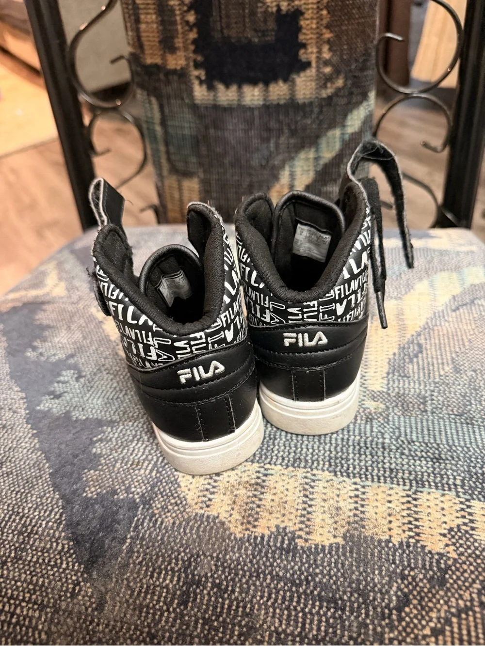 Fila Kids Black High-Top Sneakers with White Sole and Patterned Collar